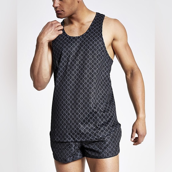 River Island Mens Black RI Monogram Racer Slim Fit Mesh Tank Top - Picture 2 of 5